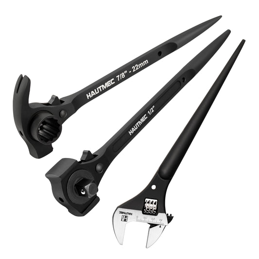 HAUTMEC 12inch Spud Ratchet Wrench Set(3 PCS), Includes 3/4" x 7/8" Dual Socket Scaffold Ratchet Wrench with Claw Pry Bar & Hammer Function, 3/8" x 1/2" Dual Head Ratchet, and Adjustable Spud Wrench HTASM25020