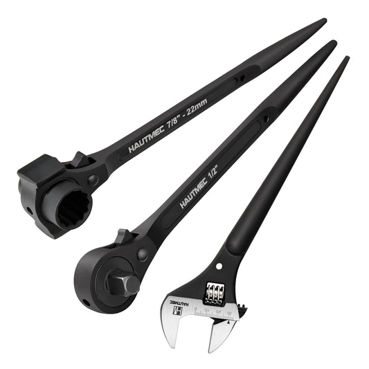 HAUTMEC 12" Spud Ratchet Wrench Set(3 PCS), Includes 3/4" x 7/8" Dual Socket Scaffold Ratchet Wrench with Hammer Function, 3/8" x 1/2" Dual Head Ratchet, and Adjustable Spud Wrench HTASM25021