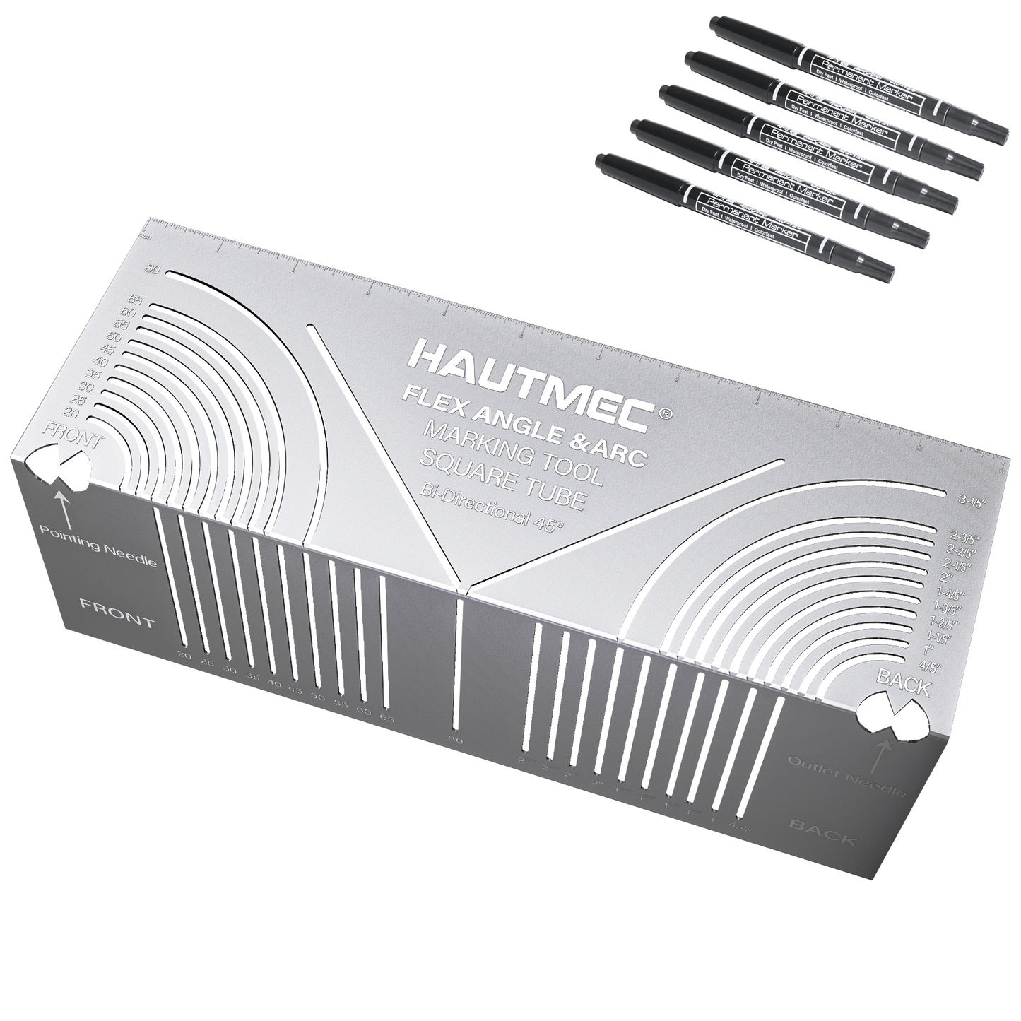 HAUTMEC Flex Angle & Arc Marking Tool,Multi-functional Square Tube Scriber for Square Tube, Right Angle Ruler with 5 PCS Marking Pen for Metalworking, Engineering, Construction (Big Size 20-85) HT0458