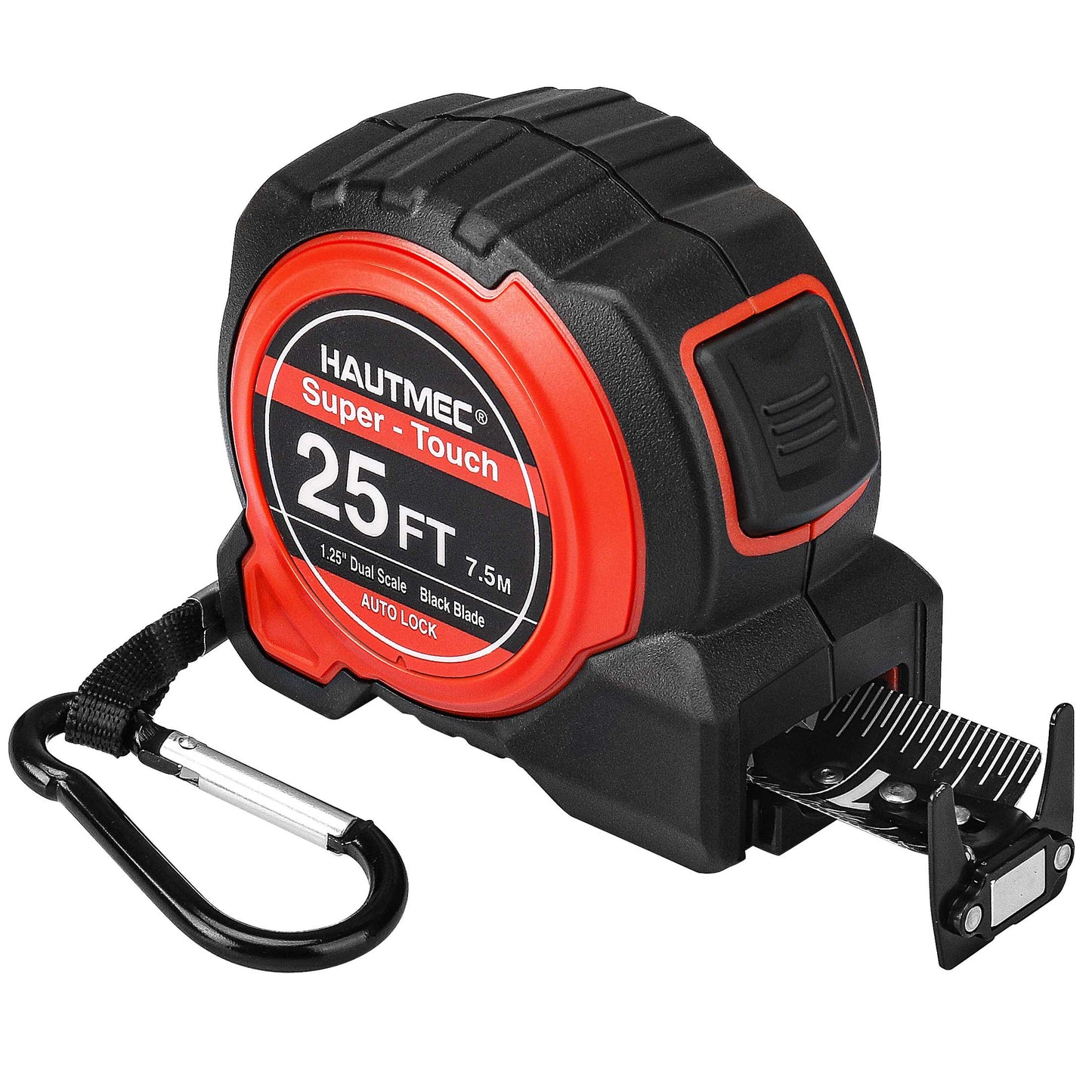HAUTMEC 25Ft (7.5m) Heavy Duty AutoLock Black Tape Measure, 1 1/4" Wide Black Rigid Blade, Dual Sided Rule Print for Construction, Carpenter, Professionals HT0283-TM