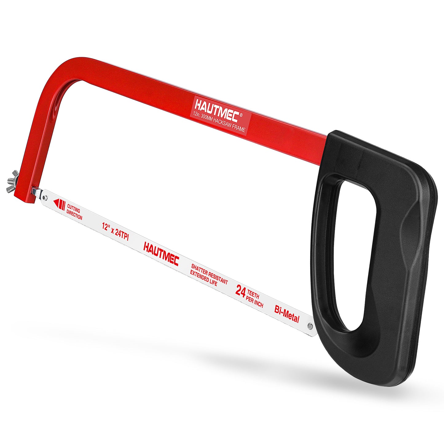 HAUTMEC 12 IN. High Tension Hacksaw Frame with 1 PCS 24 TPI Bi-Metal Blade, Hack Saw For Metal, Wood, Steel Pipe, PVC Cutting, HT0398