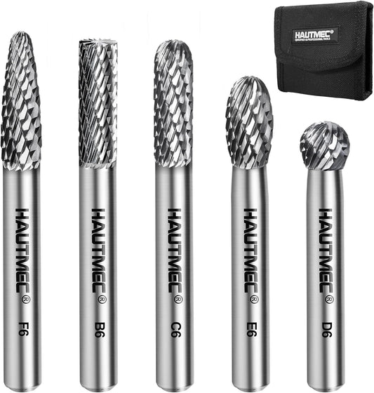 HAUTMEC Tungsten Carbide Rotary Burr Bit Set– 1/4" Shank with Portable Storage Bag, Double Cut Tungsten Rotary File for Die Grinder, Suit for Metal Carving, Grinding, Engraving & Deburring - HT0453