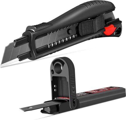 HAUTMEC 18mm Utility Knife Box Cutter with Quick Change Button and 10pcs Blade Set, Retractable Snap off Black SK2 Ultra Sharp Blade, Anti-Slip Ergonomic Rubber Handle HT0094-KN
