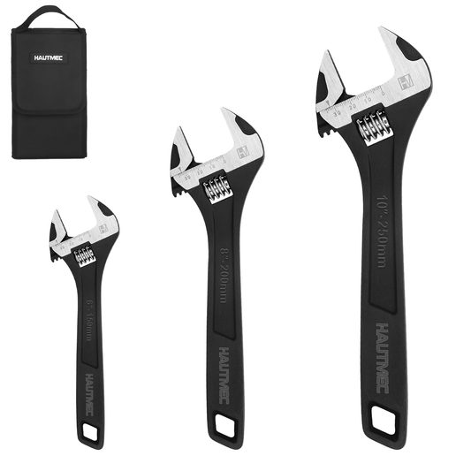 HAUTMEC 3PCS Adjustable Wrench Set Extra Wide Jaw Black Finish Adjustable Wrenches Drop-Forged CR-V Steel Metric & SAE Scales 6 in. 8 in. 10 in. for Home Garage Workshop DIY,HT0422