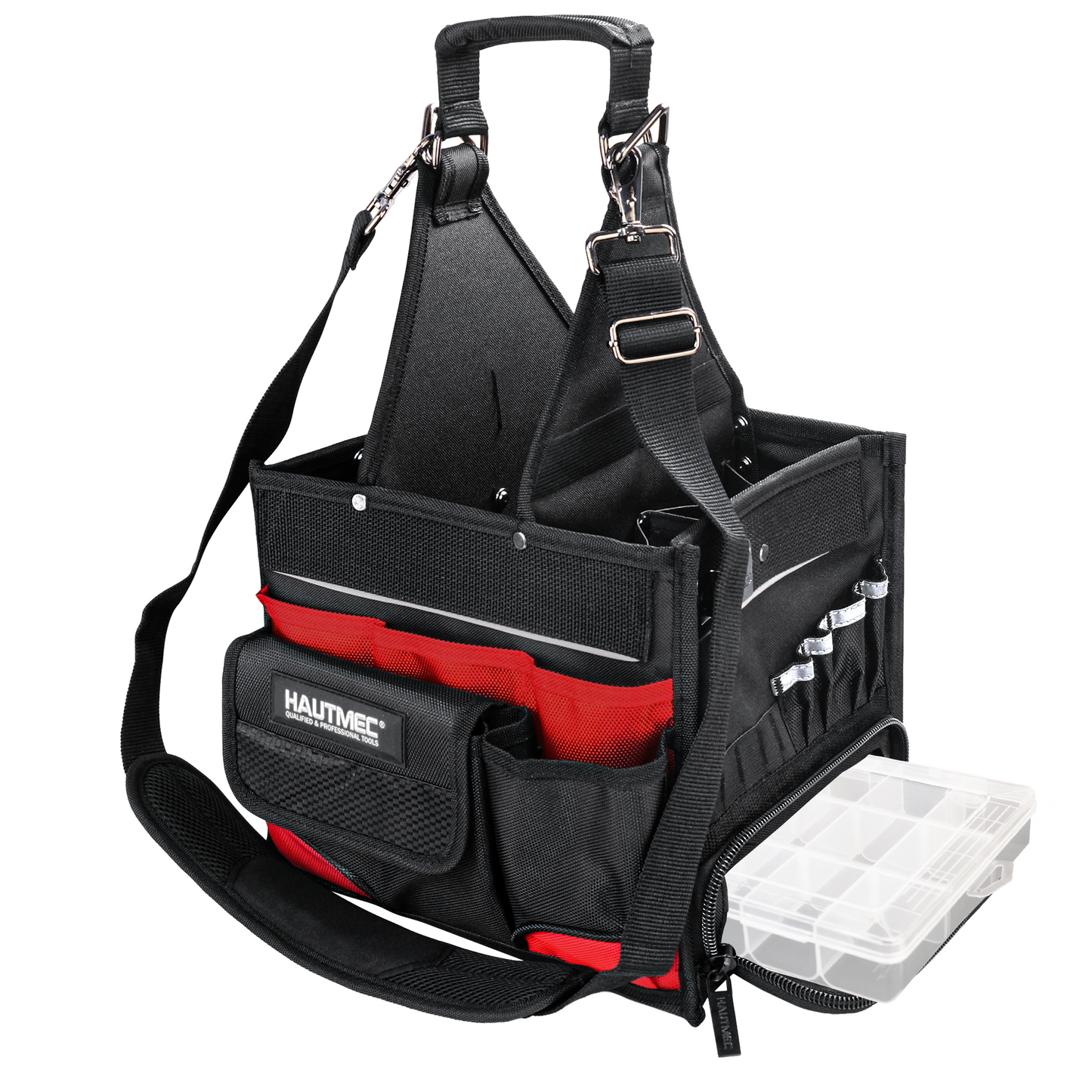HAUTMEC Electrician Tool Bag with Parts Tray, Heavy-Duty 37-Pocket Open Top Tool Tote, Reinforced Base, Water-Resistant, Adjustable Shoulder Strap – HT0174