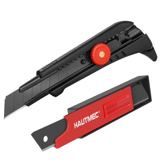 HAUTMEC 18mm Heavy Duty Utility Knife with Multi-Pick and 10pcs Blade set, Snap Off Ultra-Sharp Black Retractable Box Cutter, Ratchet & Soft-grip Cutter HT0249-KN