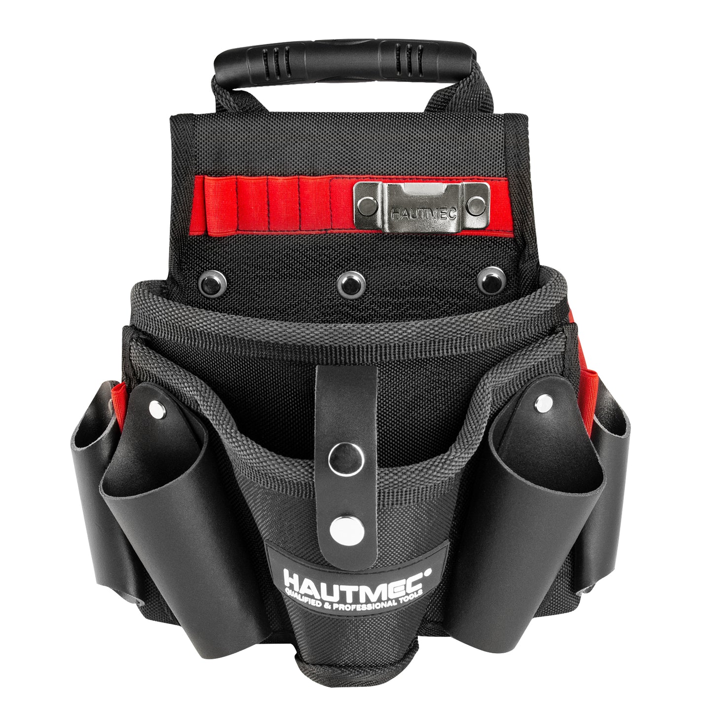 HAUTMEC Heavy-Duty Tool Pouch with Drill Holster, 1680D Tool Bag for Belt with Rubber Handle, 2 Main Compartments, 4 Leather Pockets, 11 Elastic Loops, Tape Measure Holder  – HT0410