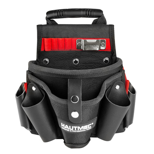 HAUTMEC Heavy-Duty Tool Pouch with Drill Holster, 1680D Tool Bag for Belt with Rubber Handle, 2 Main Compartments, 4 Leather Pockets, 11 Elastic Loops, Tape Measure Holder  – HT0410