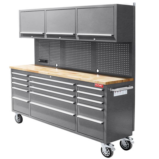 HAUTMEC 72-Inch Rolling Tool Chest with 51 PCS Pegboard Hooks & ETL-Certified Power Strip, Mobile Garage Workbench with 15 Drawers, 3 Upper Cabinets, Pegboard & Heavy-Duty Oak Work Surface HT0428-TC