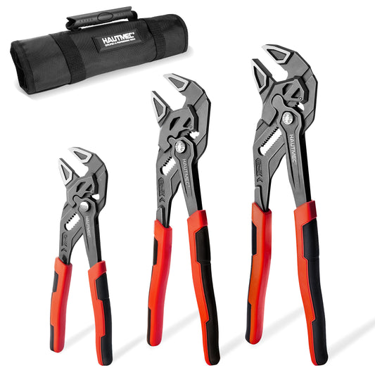 HAUTMEC 3PCS Adjustable Pliers Wrench Sets (7 10 12"), Smooth Jaw Parallel Pliers, Heat-Treated CR-V Steel & Phosphated Rust-Resistant, SAE/Metric Scale, Storage Belt Pouch for Professional & DIY HTAWH25026