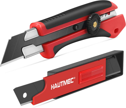 HAUTMEC 25mm Extra Heavy-Duty Utility Knife with 10pcs Blade set, Multi-Purpose Snap-off Box Cutter, Ratchet-lock Mechanism, Reinforced Fiberglass Handle HT0251-KN