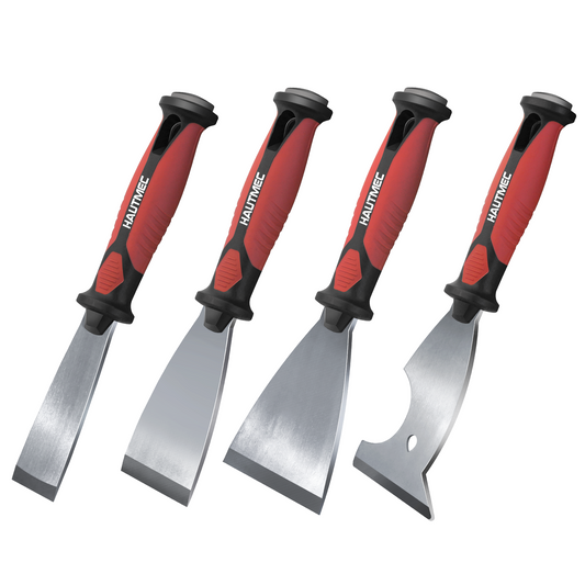 HAUTMEC Putty Knife 4 PC Set, 1.25",2",3" Paint Scraper & 3" 8-in-1 Paint Stripper, Heavy Duty Stainless Steel Blade and Hammer End for Removing Wallpaper, Plaster, Cement HTPSH25060