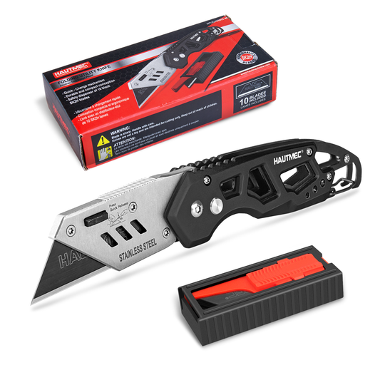 HAUTMEC Folding Utility Knife with 10-Pack SK2H Blades, Heavy-Duty Aluminum Alloy Box Cutter with Belt Clip, Carabiner, Quick-Change Blades & Safety Lock – HTUCH25002