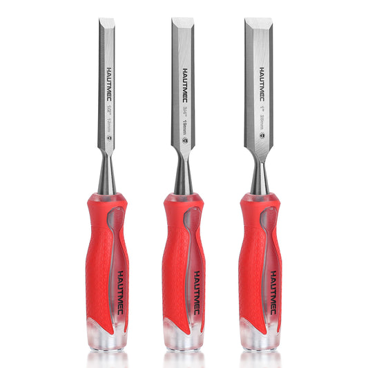 HAUTMEC 3-Piece Wood Chisel Set – High-Impact Drop-Forged CRV Steel, Fully Polished Beveled Edge Blades, Heavy-Duty Strike Cap & Extended Anti-Skid Handle – HT0364