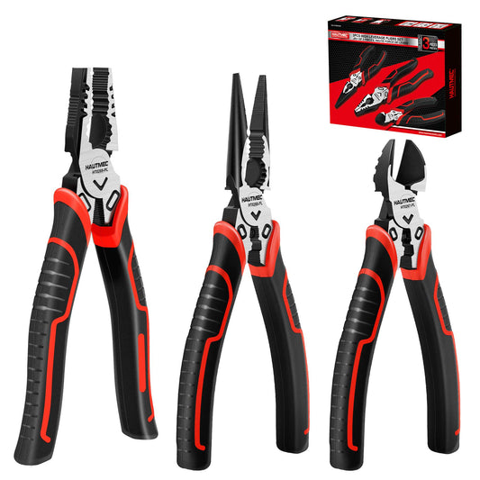 HAUTMEC 3PCS High Leverage Plier Set Multi Pliers Tool Set with 8" Needle Nose Pliers,8" Linesman Pliers and 6" Diagonal Cutting Pliers HT0270