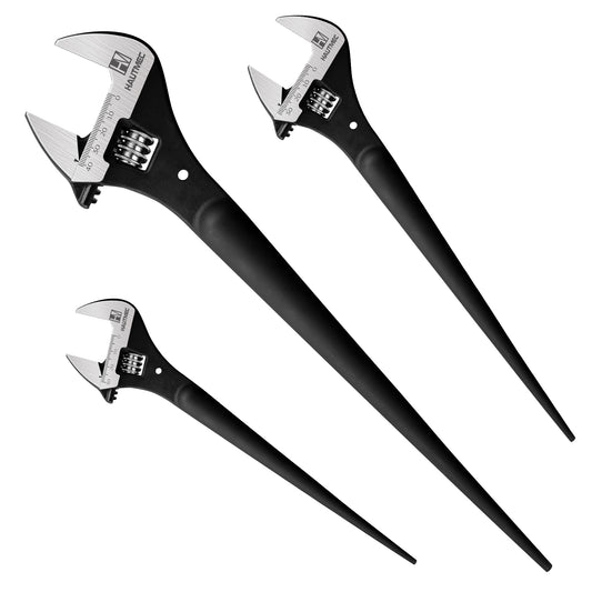 HAUTMEC 3 PCS Adjustable Spud Wrench Set, 10"&12"&16" Adjustable Spud Wrenches Set with Tail Pry Bar Features, Black Oxide Finish, Forged CR-V Steel Metric & SAE Scales with Tether Hole HTASM25019