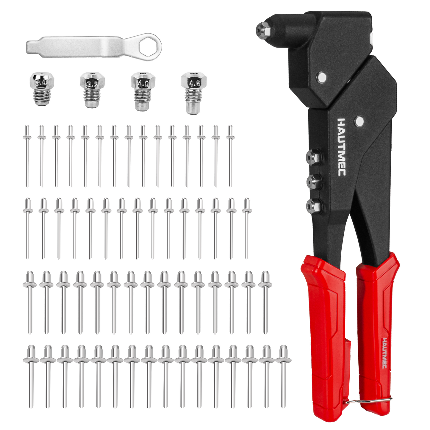 HAUTMEC 360° Swivel Head Rivet Gun with 120 Rivets 3/32"(2.4mm) 1/8"(3.2mm) 5/32"(4.0mm) 3/16"(4.8mm) and 4 Manual Interchangeable Rivet Heads HTRTM25062