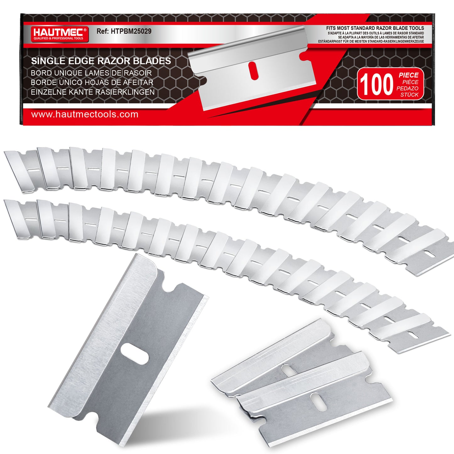 HAUTMEC 100 Pack Single Edge Razor Blades, Heavy Duty Edge Blades, Ultra Sharp, Rust-Resistant,Industrial & DIY Use, Fits most Standard Scraper & Utility Knife, for Removing Decals, Stickers HTPBM25029