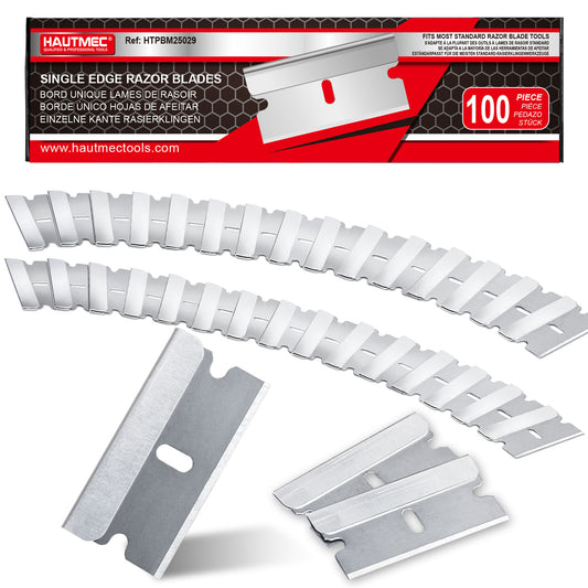 HAUTMEC 100 Pack Single Edge Razor Blades, Heavy Duty Edge Blades, Ultra Sharp, Rust-Resistant,Industrial & DIY Use, Fits most Standard Scraper & Utility Knife, for Removing Decals, Stickers HTPBM25029