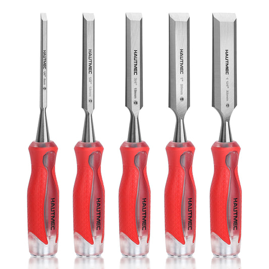 HAUTMEC 5-Piece Wood Chisel Set – High-Impact Drop-Forged CRV Steel, Fully Polished Beveled Edge Blades, Heavy-Duty Strike Cap & Extended Anti-Skid Handle – HT0365