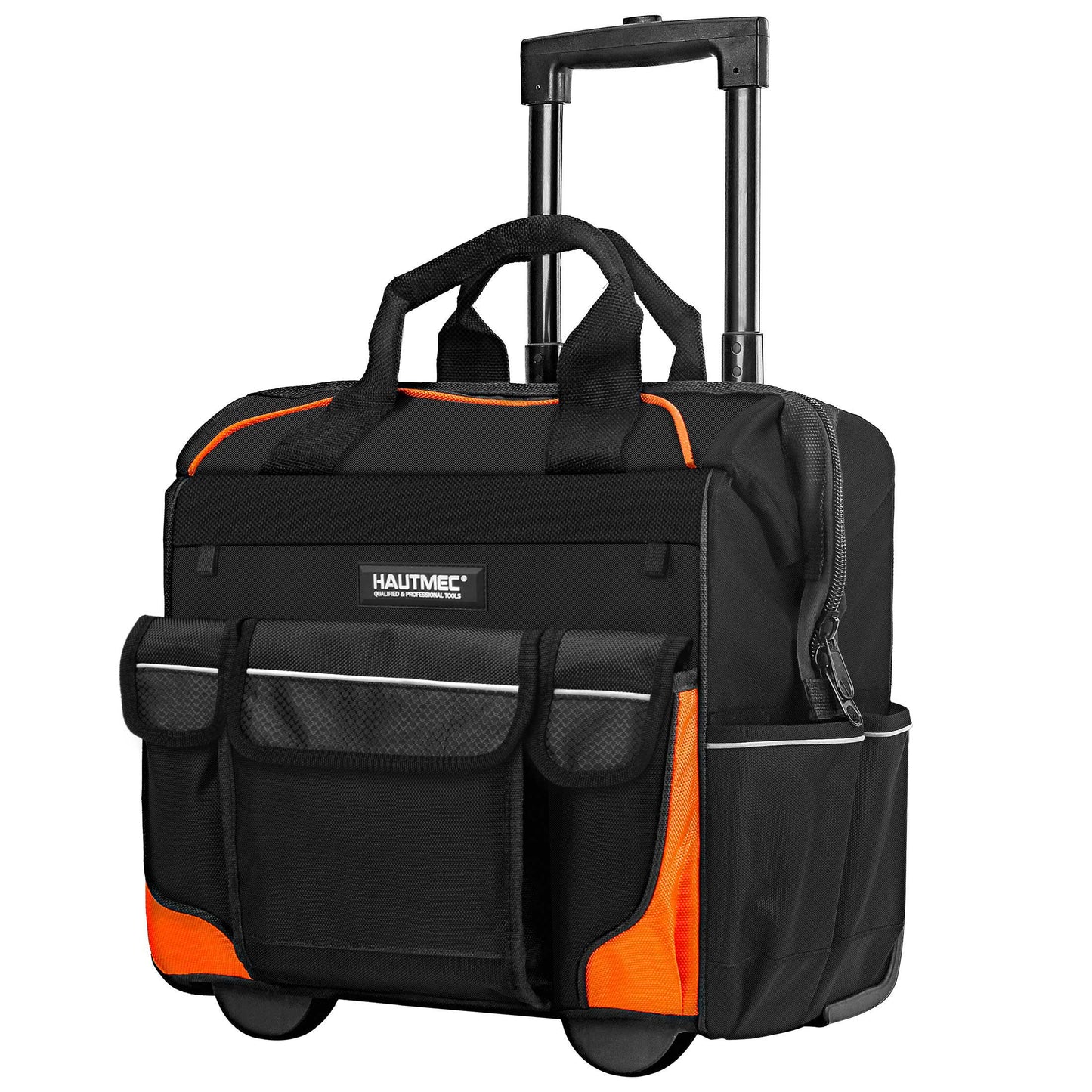 HAUTMEC 14.5" Rolling Tool Bag With Wheels Portable Tool Bag With Adjustable Telescoping Handle Wide Mouth Storage Organizer Perfect Mens Gifts, 600D Orange,HT0353