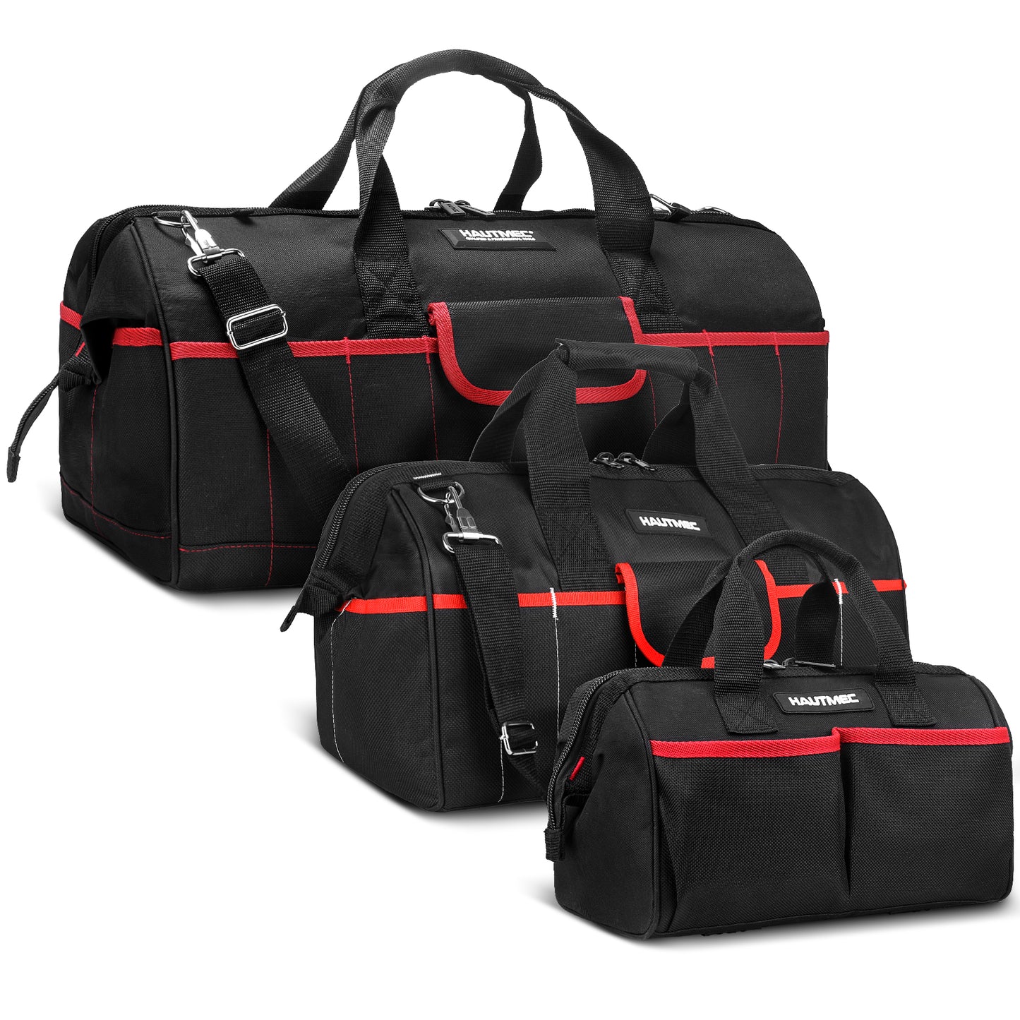 HAUTMEC 3PCS Wide Mouth Tool Bags Set, Heavy Duty Tool Bag with Large Capacity and Waterproof Base,12-inch Small Tool Bag,18-inch Medium Toolbag,24-inch Large Tool Storage Bag for Construction HT0297
