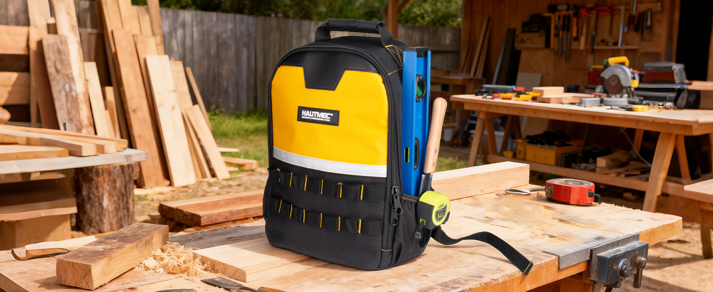 HAUTMEC Tool Backpack with Laptop Compartment, Heavy-Duty 1680D Oxford Tool Bag with Reinforced Base, 11 Pockets, Padded Straps, Portable Tool Organizer for Technicians, Contractors – HTTBM25058