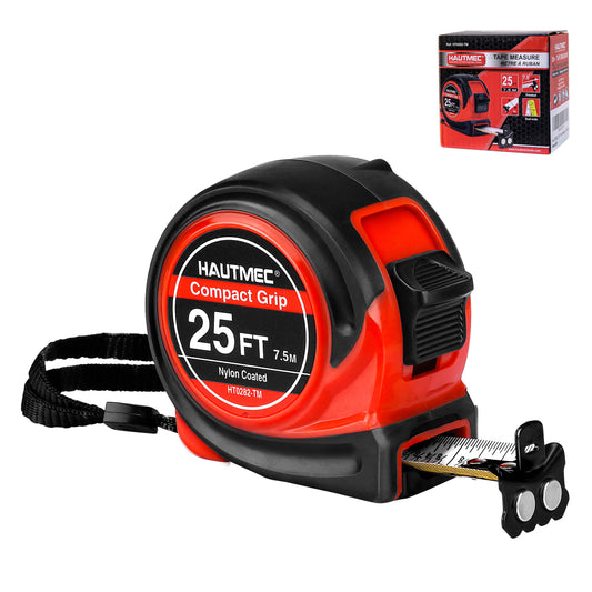 HAUTMEC Tape Measure 25Ft with Fraction 1/8,Double Side Metric and Inches Tape,Retractable Tape Measure,Magnetic Hook and Compact Case for Construction, Carpenter, Professionals HT0282-TM