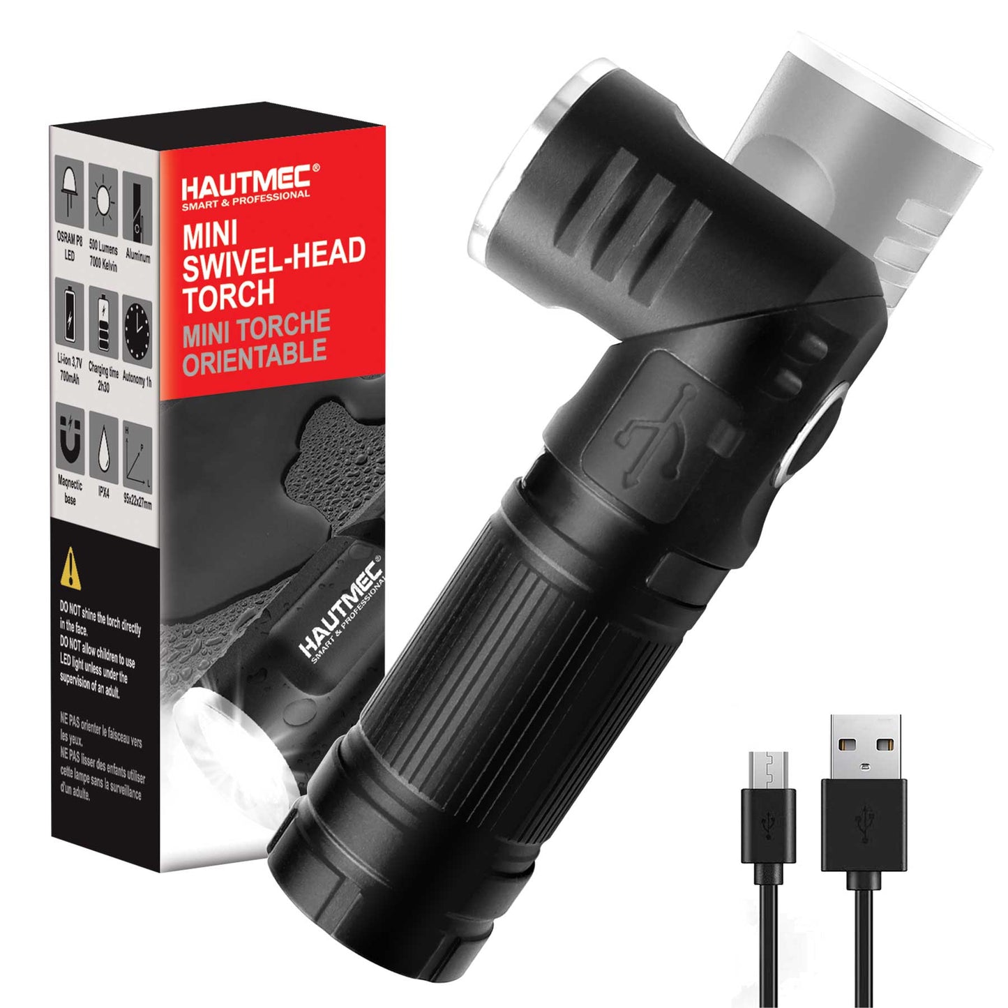 HAUTMEC Rechargeable LED Flashlights 500 High Lumens Super Bright Magnetic Flashlight Waterproof Mini Flashlight 3 Modes Handheld Small Flashlights Powerful for Camping, Outdoor, Hiking, HT0092-WL