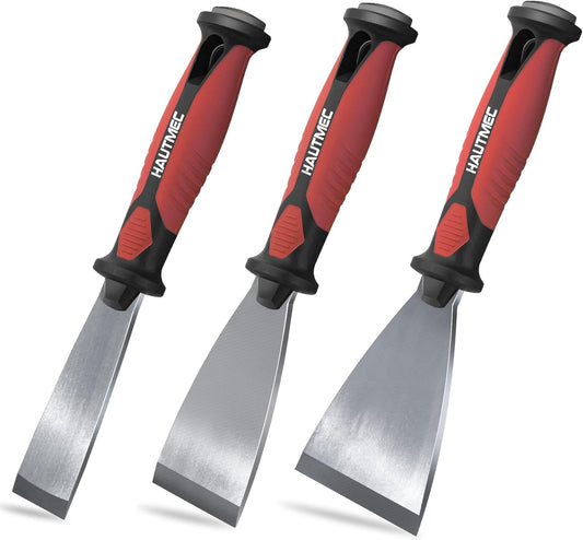 HAUTMEC 3pc Putty Knife Set, 1.25 in - 2 in - 3 in Paint Scraper, Flat Heavy Duty Stainless Steel Blade and Hammer End for Removing Wallpaper for Puttying Plaster, Cement HT0062