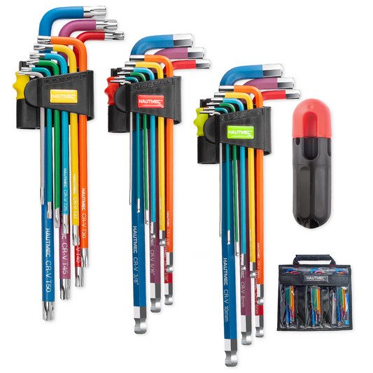 HAUTMEC 27PCS Long Allen Wrenches Sets with Ball End, SAE Metric Torx Allen Key Set with T-Handle Hex Key, 60CR-V Steel, Color Coded & Storage Bag,  SAE(1/16" to 3/8″),Metric(1.5-10mm),Torx (T10-T50) HTHKM25051