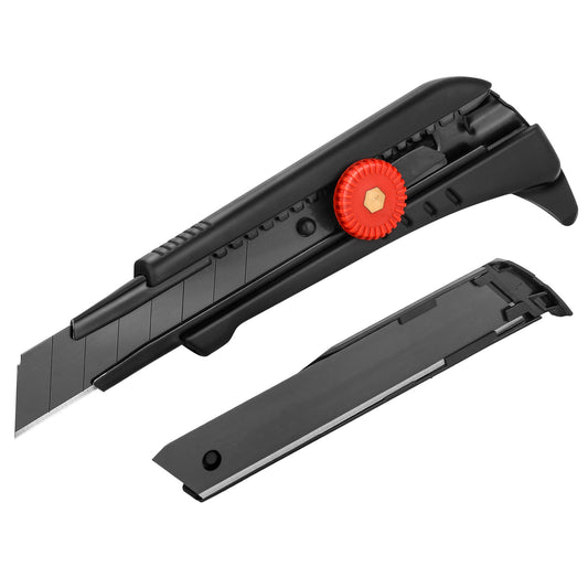 HAUTMEC 18mm Heavy Duty Utility Knife with Multi-Pick, Snap Off Ultra-Sharp Black Retractable Box Cutter, Ratchet & Soft-grip Cutter HT0248-KN
