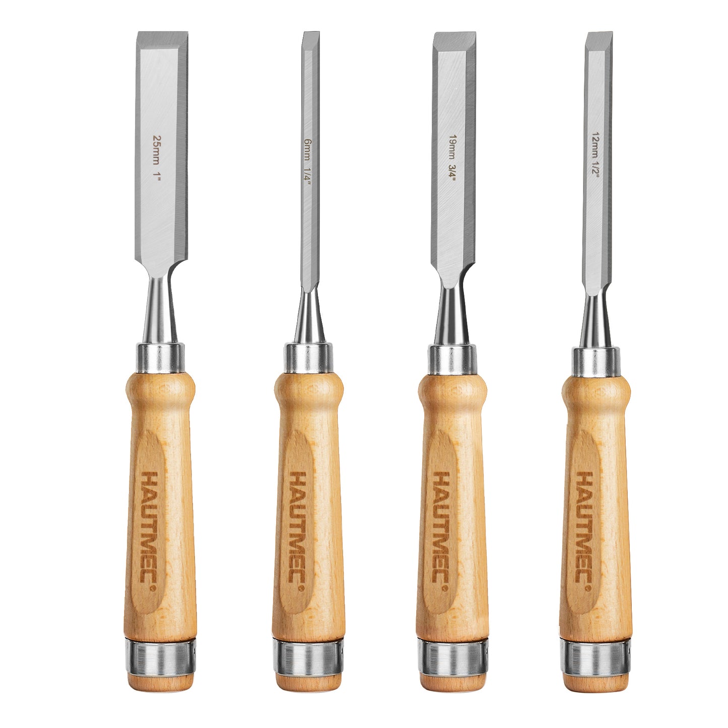 HAUTMEC 4PCS Wood Chisel Set for Woodworking, Carpentry Carving Tool with Bevel Edged Steel Blade, High Impact Handle for Woodcutting Sharpening HT0235-WW