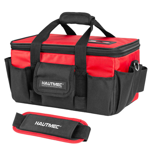 HAUTMEC Heavy Duty Tool Bag Case 14.5 Inch, 1680D Oxford Fabric & EVA Reinforced Hard Bottom, Wide Opening with Removable Dividers, Multi-Pocket Organizer with Padded Strap & Trolley Sleeve - HT0401