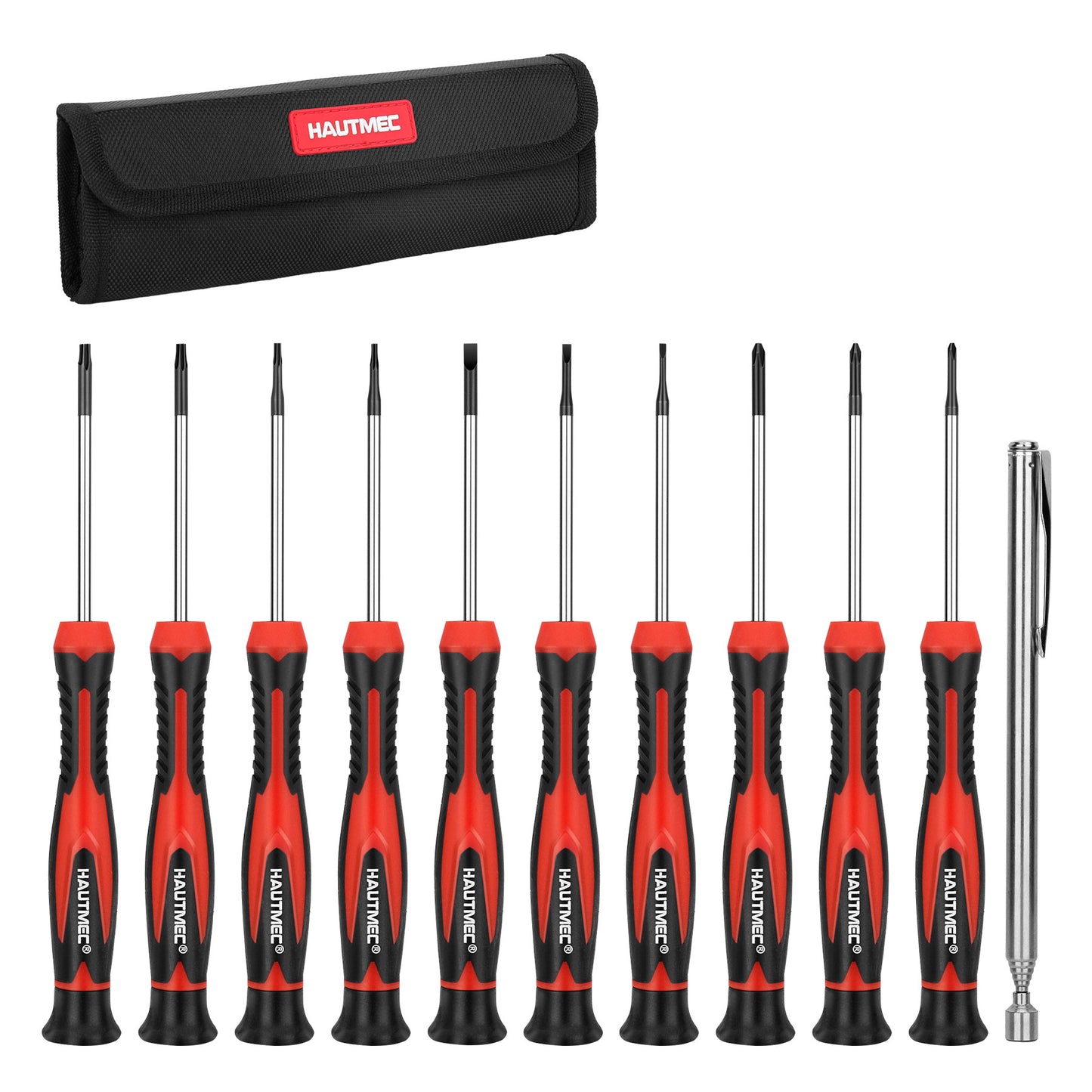 HAUTMEC 11-PCS Precision Mini Screwdriver Set with Telescoping Magnetic Pickup Tool, Phillips, Flat, Torx, Pouch, CRV Steel Shaft Magnetic Tiny Screwdriver Set for Eyeglass, Watch, Laptop, Phone, HT0421