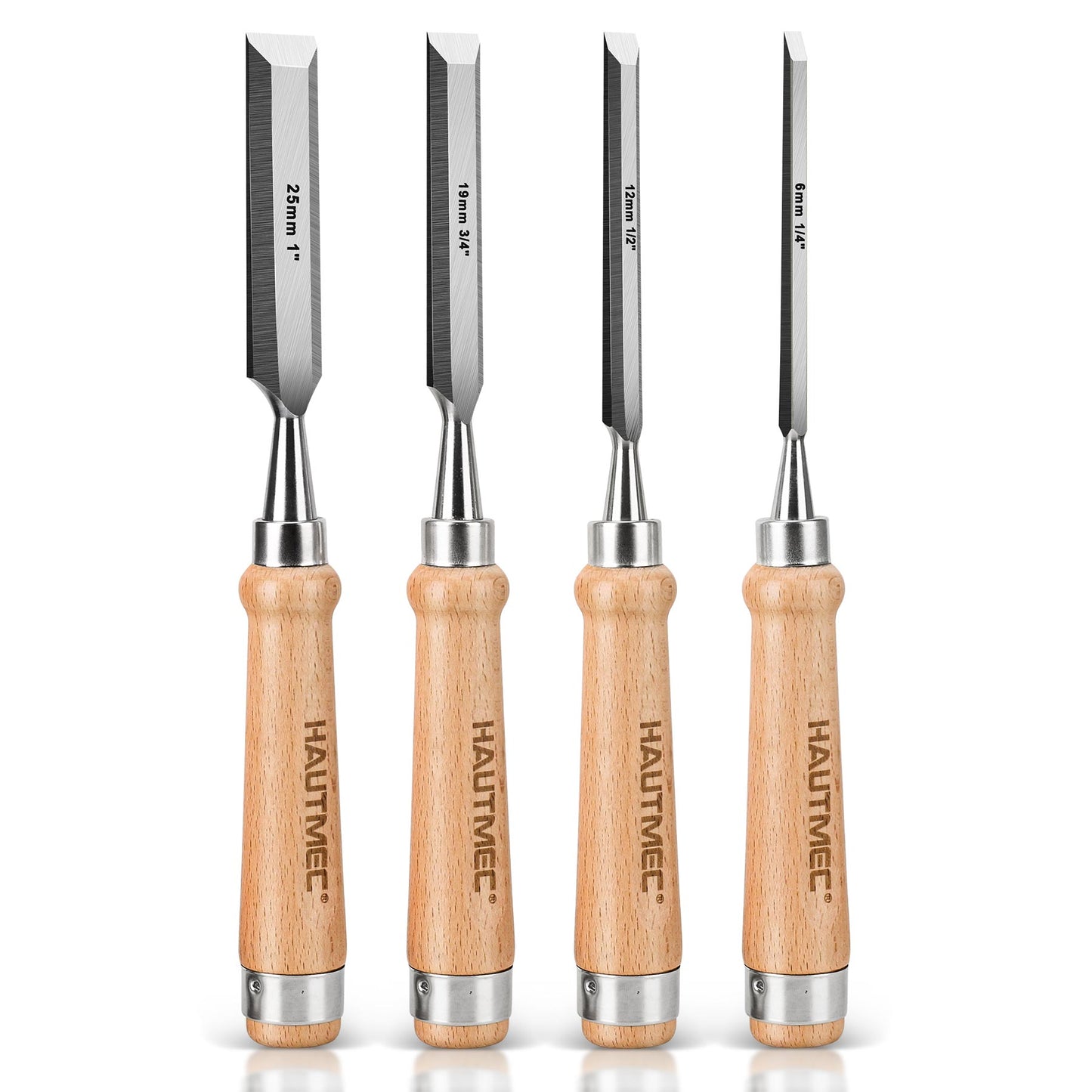HAUTMEC 4PCS Wood Chisel Set for Woodworking, Carpentry Carving Tool with Bevel Edged Steel Blade, High Impact Handle for Woodcutting Sharpening HT0235-WW