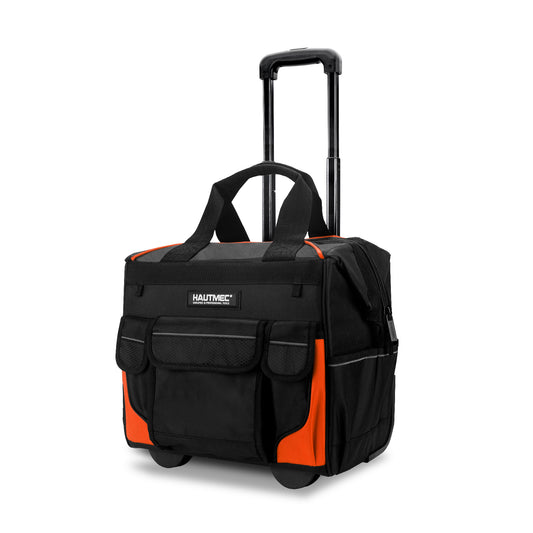 HAUTMEC 14.5" Rolling Tool Bag With Wheels Portable Tool Bag With Adjustable Telescoping Handle Wide Mouth Storage Organizer Perfect Mens Gifts, 600D Orange,HT0353