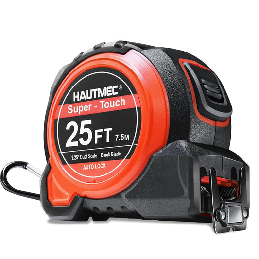 HAUTMEC Pro 25-Foot Tape Measure, 1.25-Inch Wide Carbon Steel Blade, Button Lock, Magnetic Hook, Dual-Sided Imperial/Metric Scale – Heavy-Duty for Contractors and Engineers, HT0283-TM