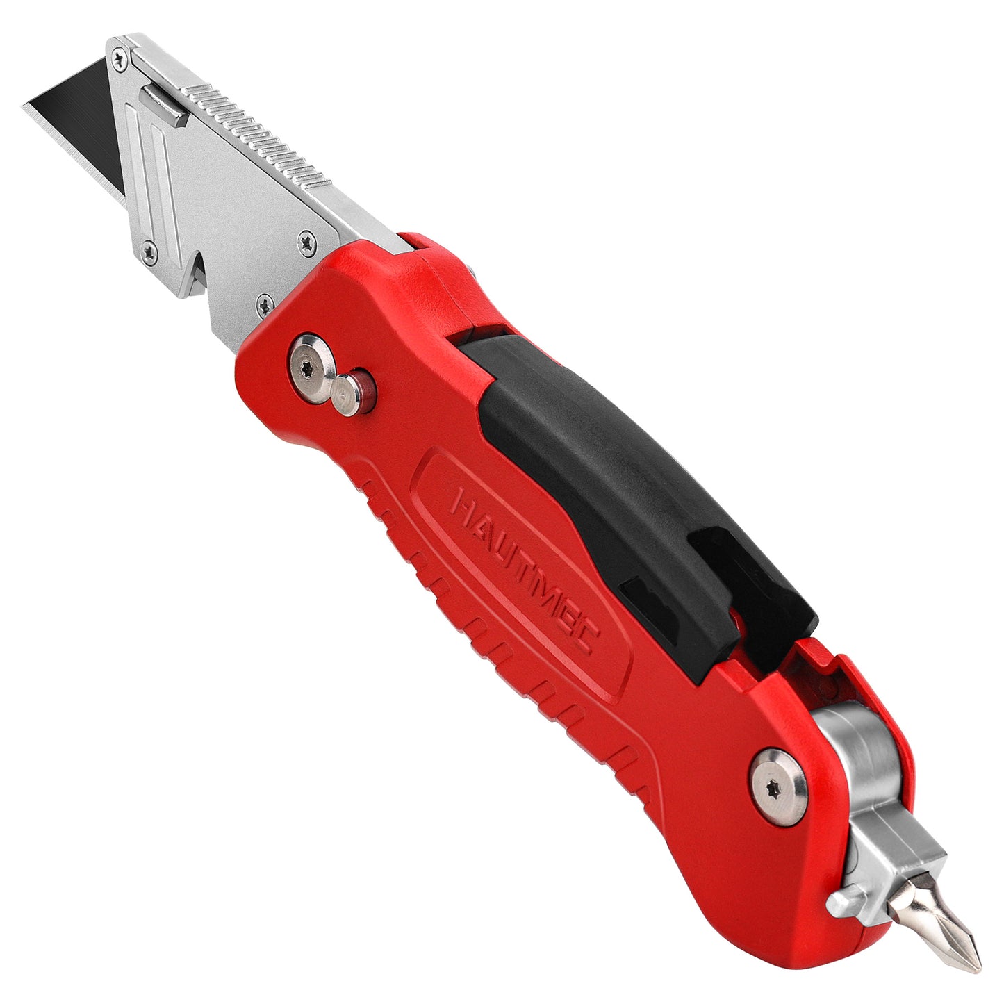 HAUTMEC Multifunctional Heavy Duty Folding Utility Knife With Integrated Screwdrivers, Box Cutter Built In Zinc Alloy Housing, 3 Extra Sharp Black SK4 Blades HT0294