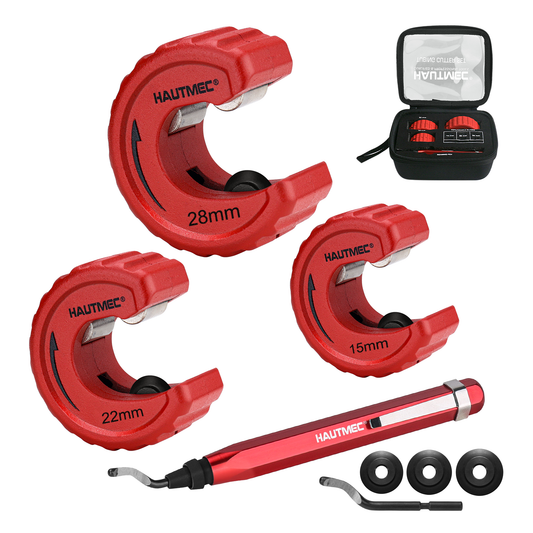 HAUTMEC Copper Pipe Cutter Set 3 PCS Tube Cutter Plumbing Tools, in Portable Storage Case, Include 15mm.,22mm., and 28mm Pipe Cutters, Reaming Pen, 3 Spare Cutting Wheels, 1 Spare Deburring Blade, Red,HT0467