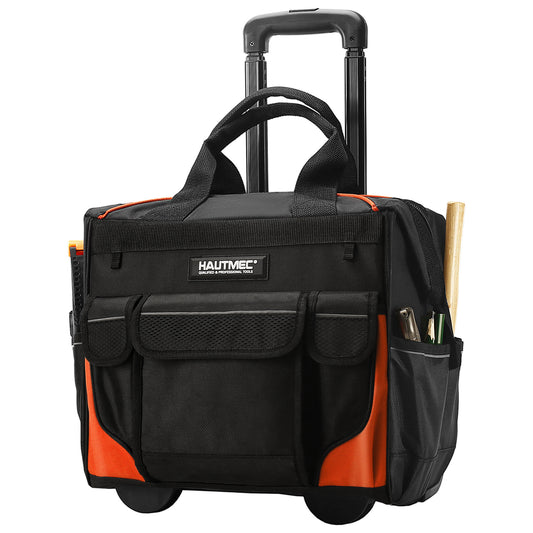 HAUTMEC 14.5" Rolling Tool Bag With Wheels Portable Tool Bag With Adjustable Telescoping Handle Wide Mouth Storage Organizer Perfect Mens Gifts, 600D Orange,HT0353