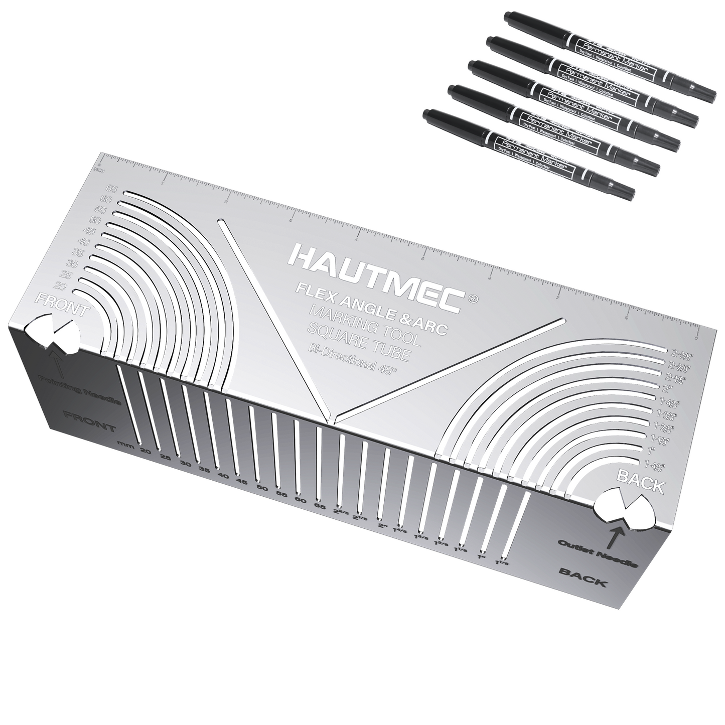 HAUTMEC Flex Angle & Arc Marking Tool, Multi-functional Square Tube Scriber for Square Tube, Right Angle Ruler with 5 PCS Marking Pen (Small Size 20-65) - HT0457