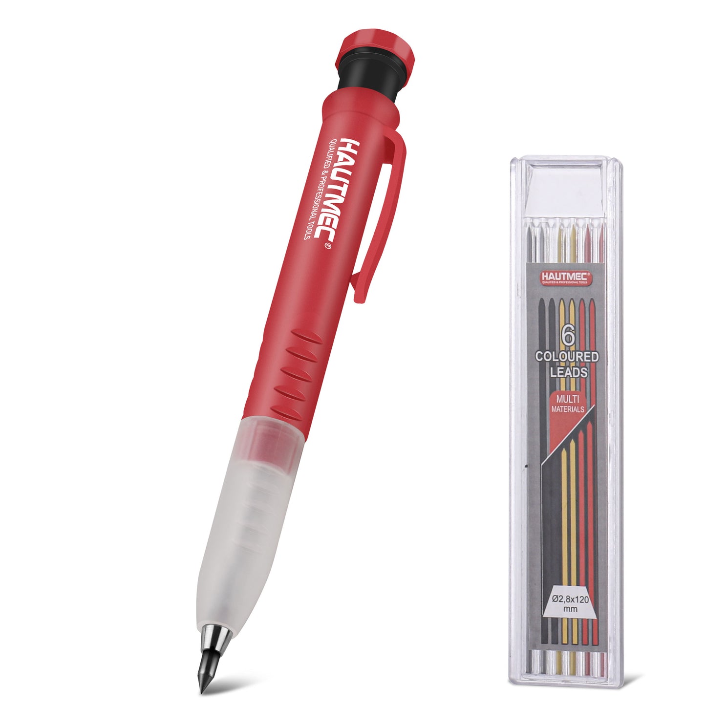 HAUTMEC Solid Carpenter Pencil with 6 Refills, Long Nose Deep Hole Mechanical Pencil Marker with Sharpener for Woodworking Architect Construction (Black, Yellow, Red) HT0293-DM