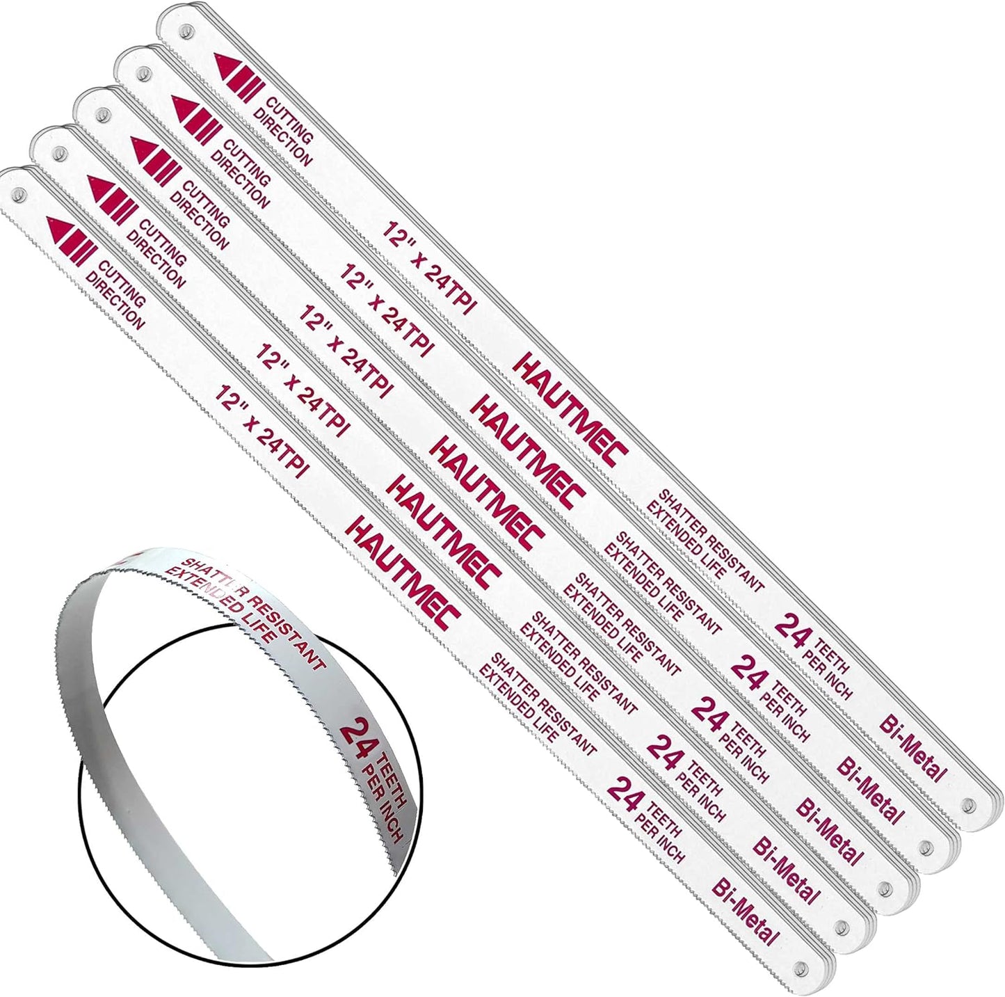HAUTMEC 12" Hacksaw Blades Replacement Bi-Metal (100 Pack) 24 TPI High Speed Steel Grounded Teeth HT0017-100PC