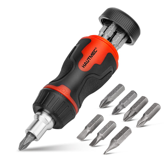 HAUTMEC 7-in-1 Stubby Ratcheting Screwdriver Set, Multi Screwdriver Tool All in One, Ratchet Short Screwdriver Set with Multi Bit Screw Driver for Use in Confined Space, Chrome Vanadium Steel Shaft HT0448