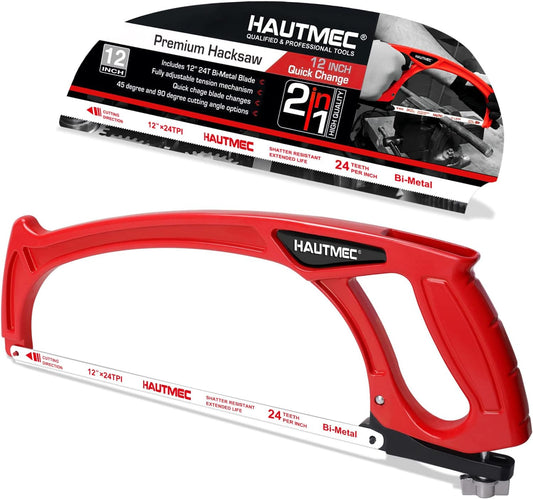 HAUTMEC 12 inch Hacksaw, Adjustable Heavy Duty Hacksaw Frame with High-Tension 24 TPI Bimetal HSS Blade for Metal,Pipe,PVC,Wood Cutting HT0101 Bimetal HSS High Tension Blade, for Metal, Steel Pipe, PVC, Wood HT0101-HS