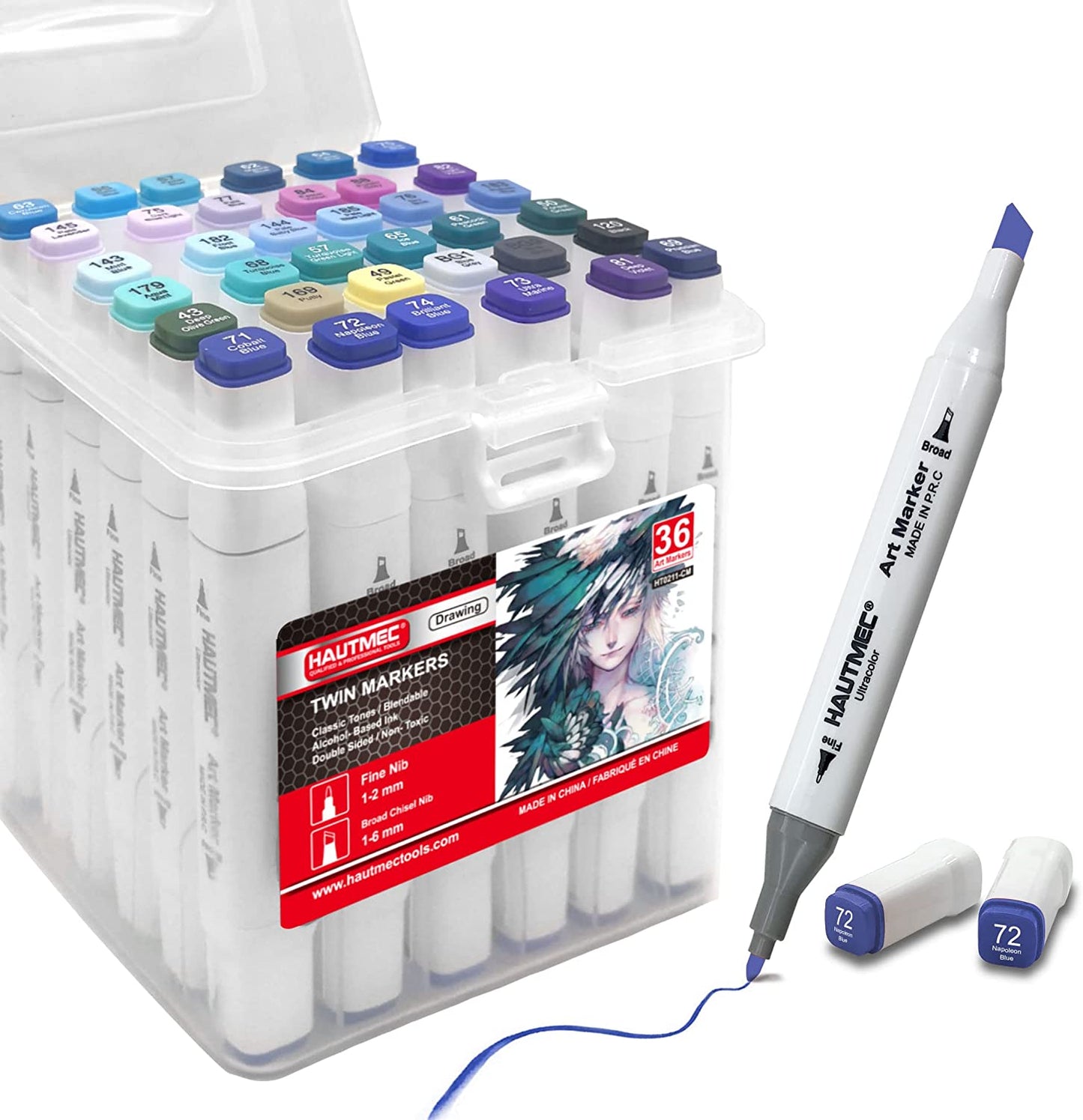 HAUTMEC 36 Blue Tone Markers Brush Tip Double, Tipped Alcohol Based Brush Markers for Adult Coloring | Kids Drawing | Sketching Card | Making Illustration HT0211