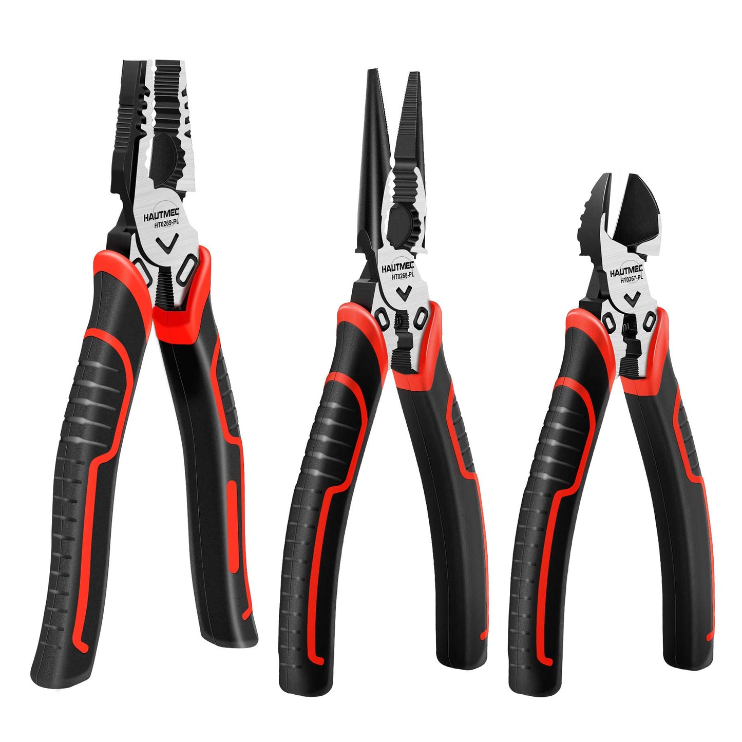 HAUTMEC 3PCS High Leverage Plier Set Multi Pliers Tool Set with 8" Needle Nose Pliers,8" Linesman Pliers and 6" Diagonal Cutting Pliers HT0270