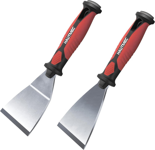 HAUTMEC 2pc Putty Knife Set, 2.5 in Staight and 3 in Offset Scrapers, Heavy Duty Stainless Steel Blade and Hammer End for Removing Wallpaper, Applying Putty, Plaster, Cement HT0061