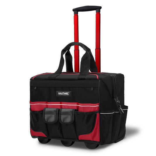 HAUTMEC 18" Rolling Tool Bag with Wheels, 23-Pocket Portable Tool Box Organizer with 600D Water-Resistant Fabric, Wide-Mouth Design, Oversized Wheels & Telescoping Handle -HTTBM25004